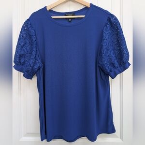 Flower & Feather Cobalt Blue Lace Puff Sleeve Top